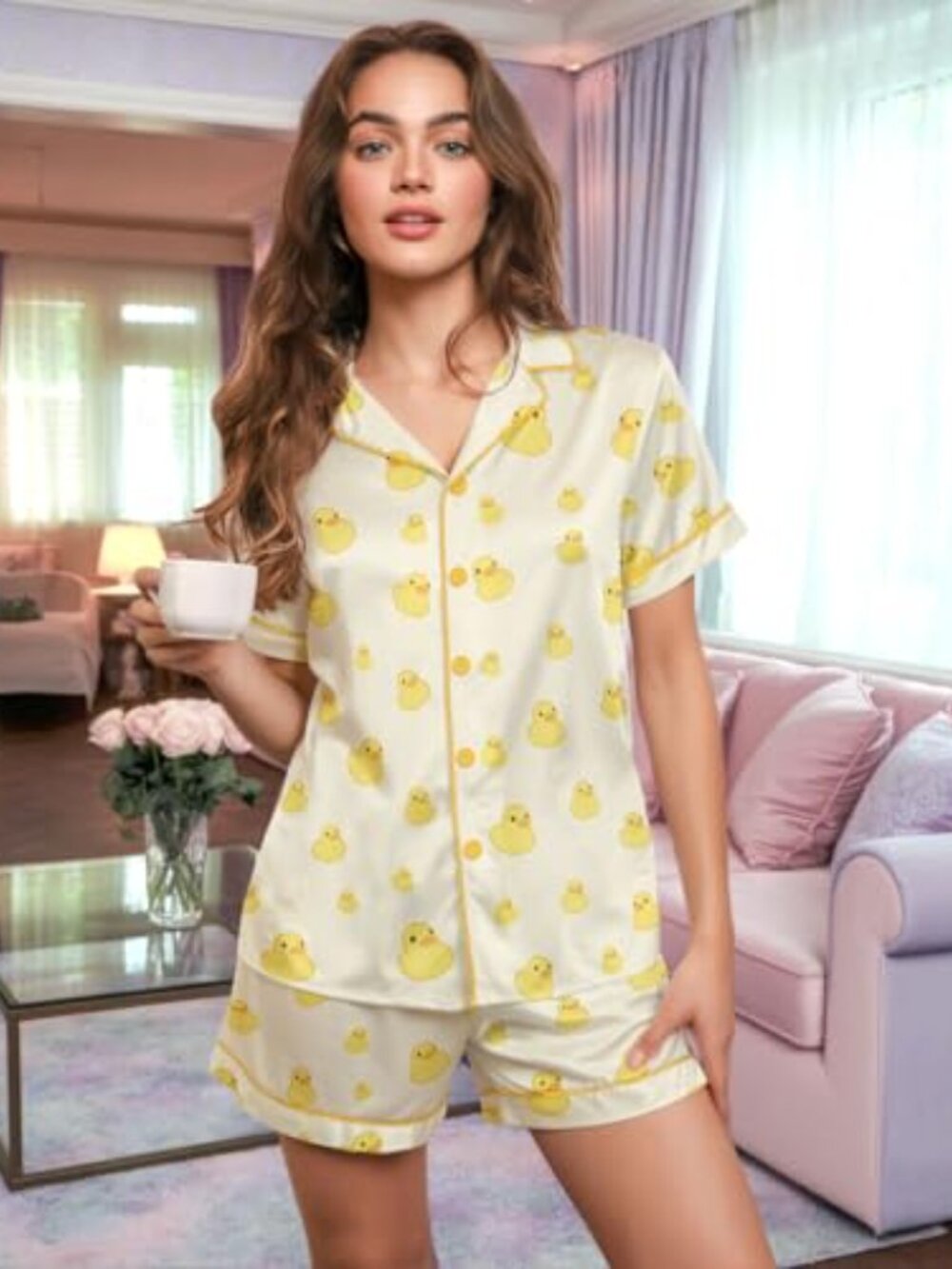 Women's Short Satin Pajama Set Lightweight Sleepwear V-Neck Lounge - Picture 3 of 7
